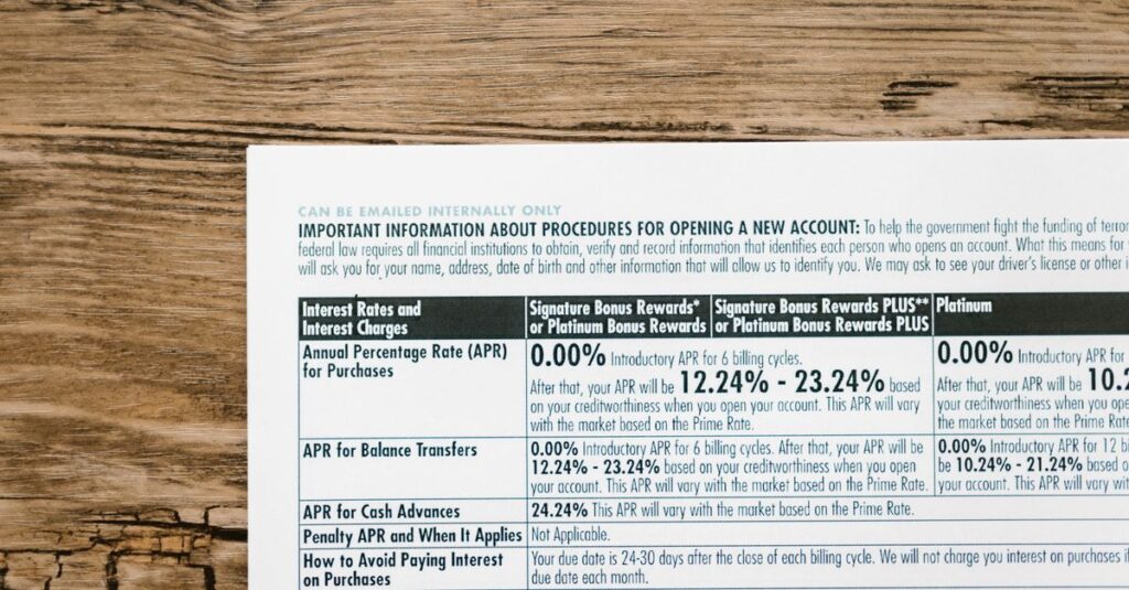 A detailed financial document listing interest rates on a textured wooden table.
