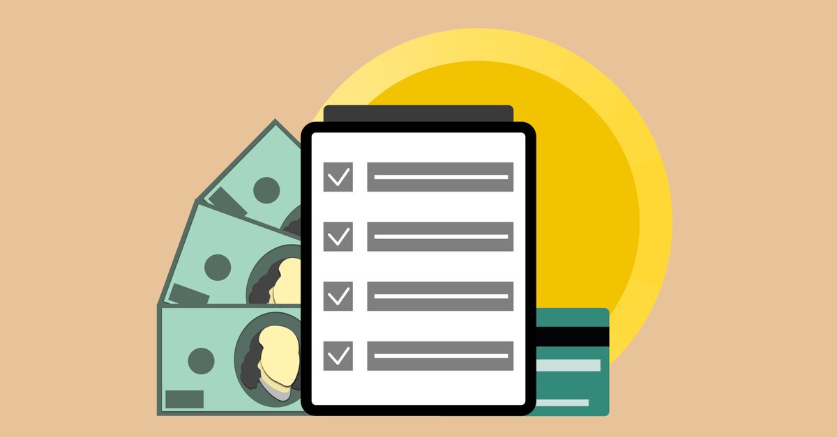Vector illustration of modern tablet with check marks placed near dollar banknotes and credit card